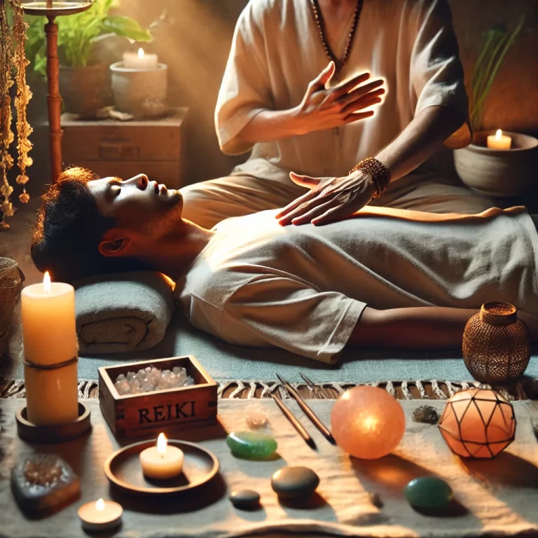 A-calming-scene-featuring-a-Reiki-healing-session-where-a-practitioner-places-their-hands-over-a-persons-heart-chakra.-The-environment-is-tranquil-