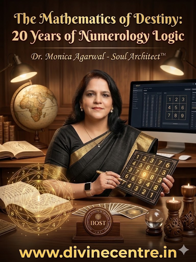 Dr. Monica Agarwal, recognized as the best numerologist and spiritual coach, demonstrating Soul Architecture and Numerology logic with a 20-year legacy at IIOST and Divine Centre.