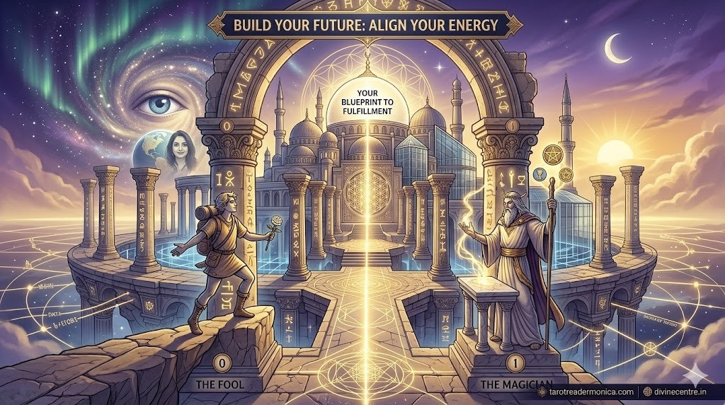 The Fool and The Magician standing before a cosmic temple, representing the start of a professional spiritual journey.