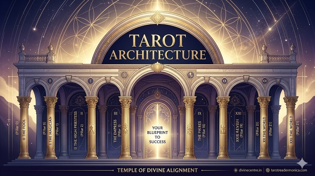 Infographic map of all 22 Tarot Major Arcana cards as pillars of spiritual and professional architecture.
