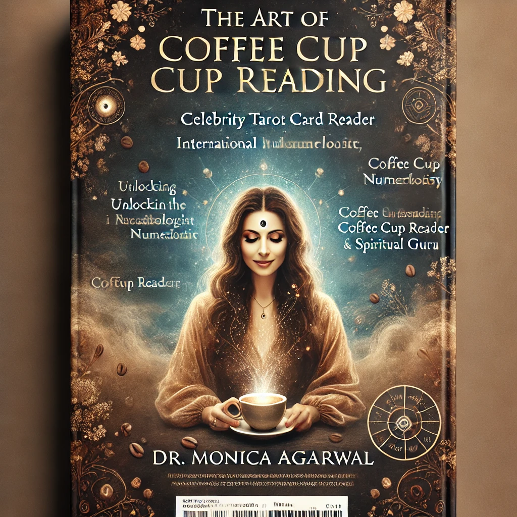 a mystical back cover design for the book 'the art of coffee cup reading' by dr. monica agarwal. the background features a blend of deep brown, gold,